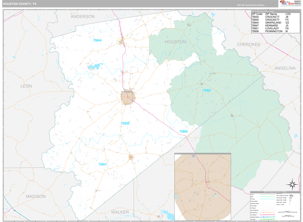 Houston County, TX Zip Code Wall Map Premium Style by MarketMAPS