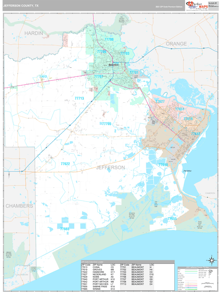 Jefferson County, TX Zip Code Wall Map Premium Style by MarketMAPS