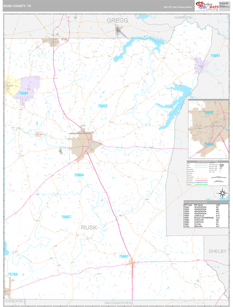 Rusk County, TX Zip Code Wall Map Premium Style by MarketMAPS