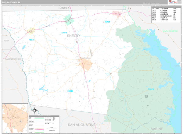 Shelby County, TX Zip Code Wall Map Premium Style by MarketMAPS