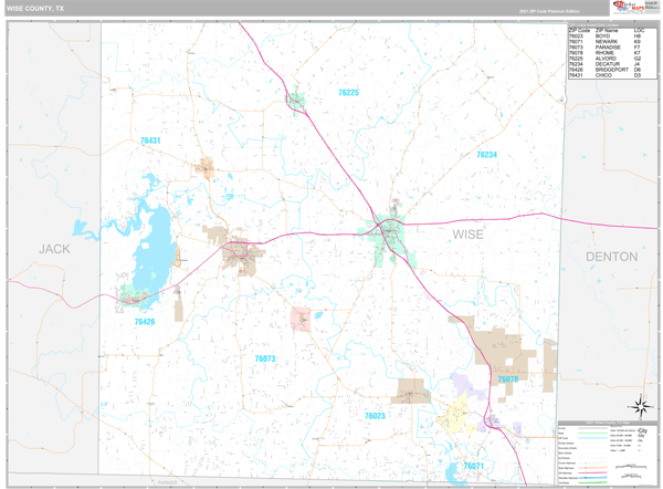 Wise County, TX Zip Code Wall Map Premium Style by MarketMAPS