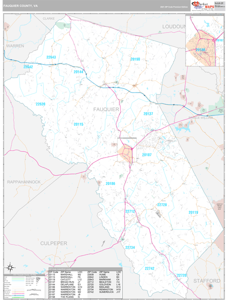 Fauquier County, VA Zip Code Wall Map Premium Style by MarketMAPS