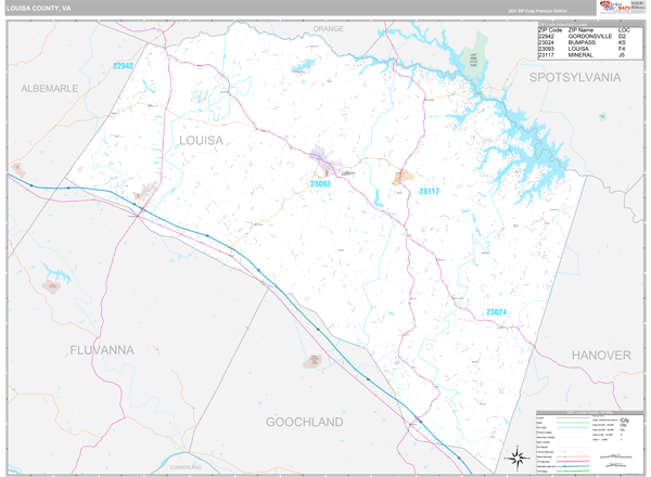 Louisa County, VA Zip Code Wall Map Premium Style by MarketMAPS