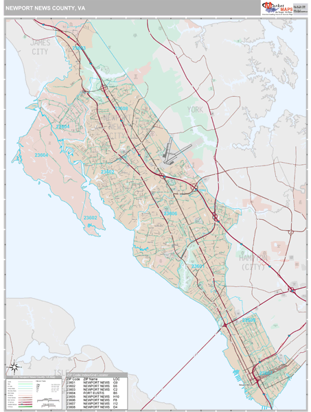 Newport News County, VA Wall Map Premium Style by MarketMAPS