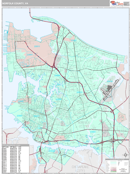 Norfolk County, VA Wall Map Premium Style by MarketMAPS