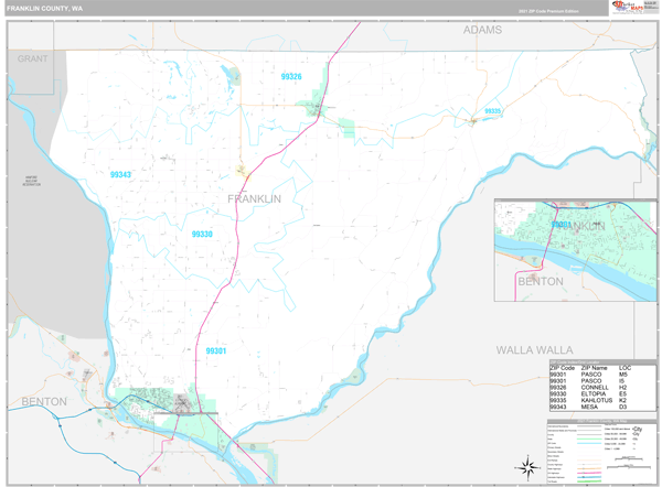 Franklin County, WA Zip Code Wall Map Premium Style by MarketMAPS