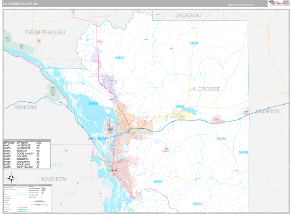 La Crosse County, WI Zip Code Wall Map Premium Style by MarketMAPS