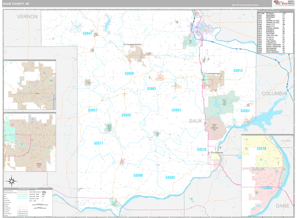 Sauk County, WI Zip Code Wall Map Premium Style by MarketMAPS