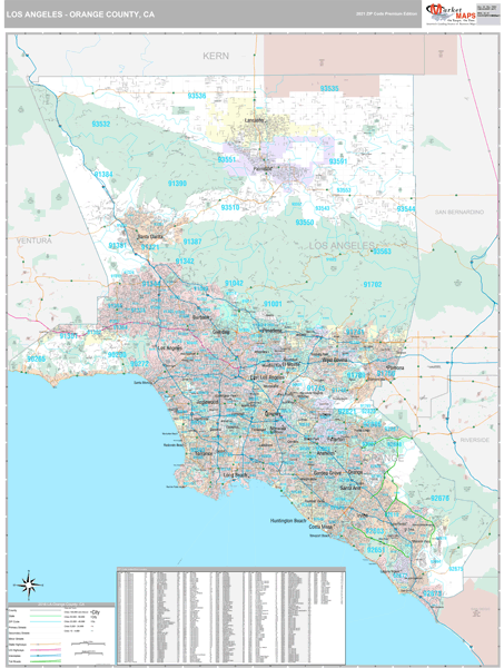 Los Angeles-Orange County, CA Wall Map Premium Style by MarketMAPS