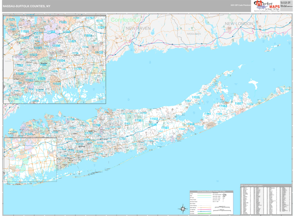 Nassau-Suffolk County, NY Wall Map Premium Style by MarketMAPS