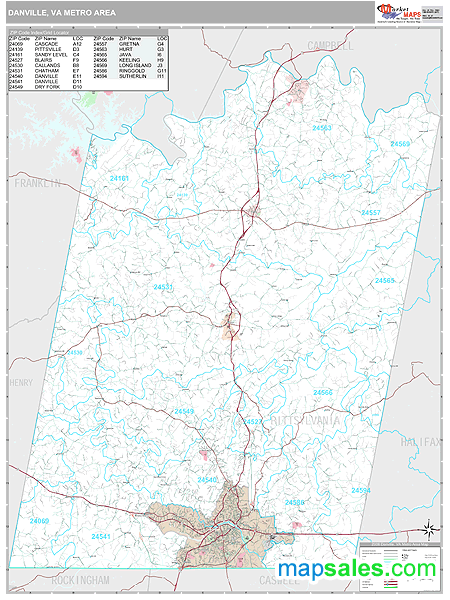 Danville, VA Metro Area Wall Map Premium Style by MarketMAPS