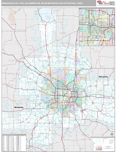 Minneapolis-St. Paul-Bloomington, MN Metro Area Wall Map Premium Style ...