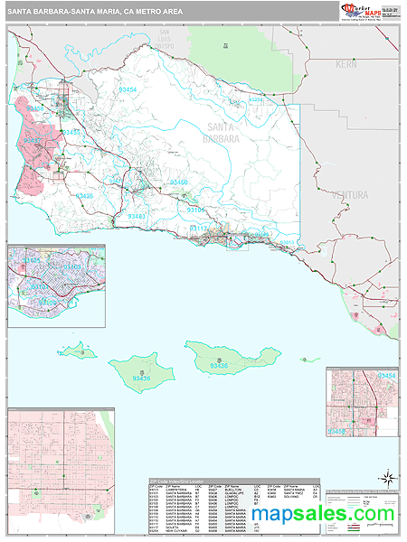 Santa Barbara-Santa Maria-Lompoc, CA Metro Area Zip Code Wall Map ...