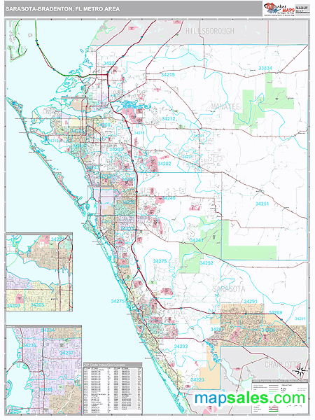 Sarasota-Bradenton, FL Metro Area Zip Code Wall Map Premium Style by ...