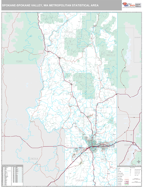 Spokane-Spokane Valley, WA Metro Area Wall Map Premium Style by MarketMAPS