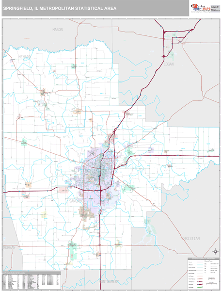 Springfield, IL Metro Area Zip Code Wall Map Premium Style by MarketMAPS