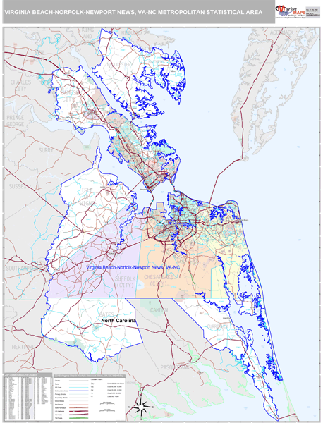 Virginia Beach-Norfolk-Newport News, VA Metro Area Wall Map Premium ...