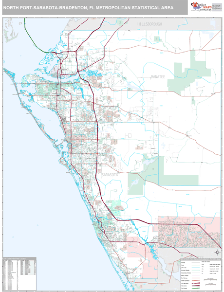 North Port-Sarasota-Bradenton, FL Metro Area Wall Map Premium Style by ...