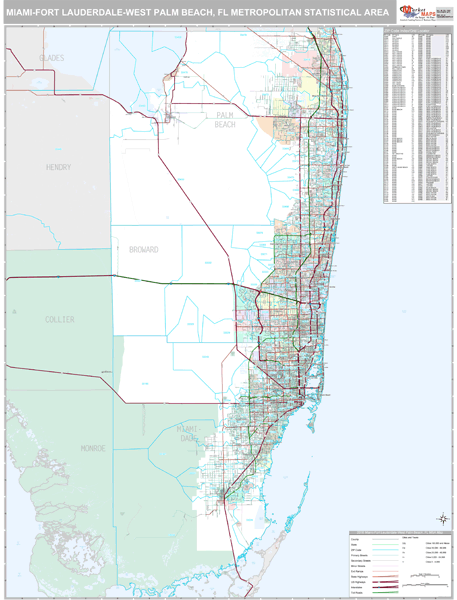 Miami-Fort Lauderdale-West Palm Beach, FL Metro Area Wall Map Premium ...