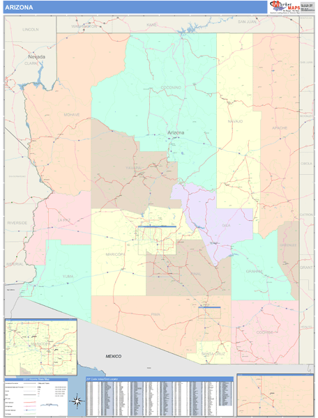 Arizona Wall Map Color Cast Style by MarketMAPS