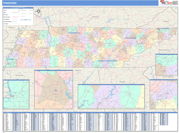 Tennessee Wall Map Color Cast Style by MarketMAPS