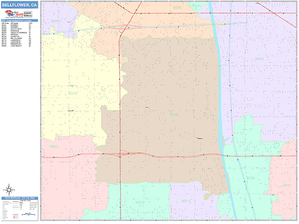 Bellflower California Wall Map (Color Cast Style) by MarketMAPS