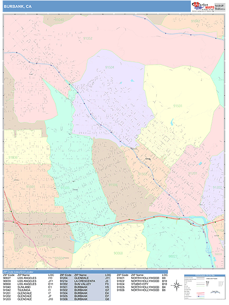 Burbank California Wall Map (Color Cast Style) by MarketMAPS