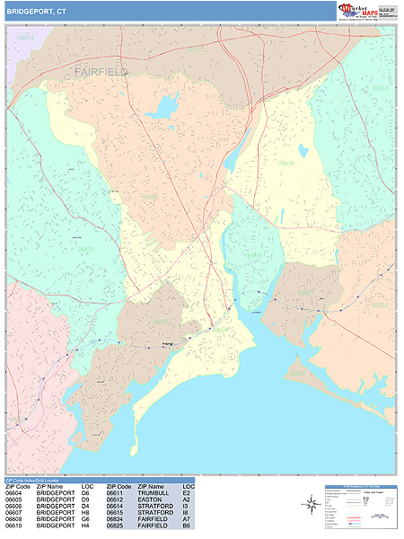 Bridgeport Connecticut Wall Map (Color Cast Style) by MarketMAPS