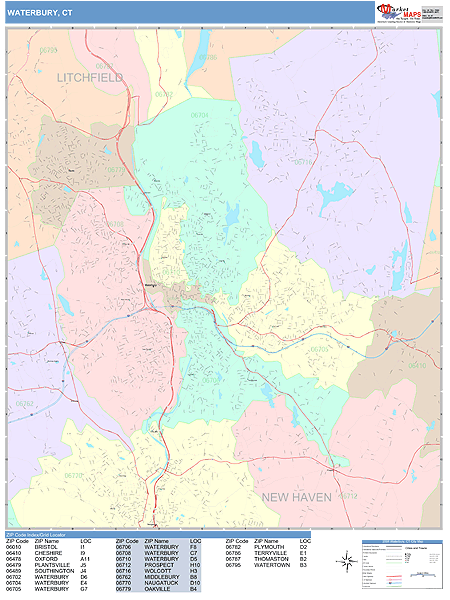 Waterbury Connecticut Wall Map Color Cast Style By Marketmaps