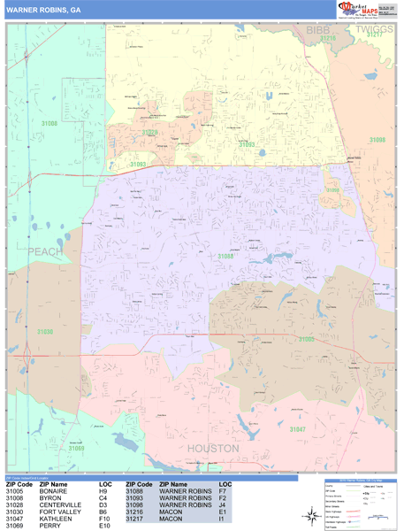 Warner Robins Georgia Wall Map (Color Cast Style) by MarketMAPS