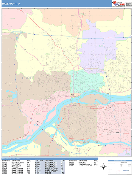 Davenport Iowa Wall Map (Color Cast Style) by MarketMAPS