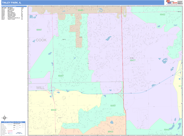 Tinley Park Illinois Wall Map (Color Cast Style) by MarketMAPS