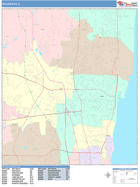 Waukegan Illinois Wall Map (Color Cast Style) by MarketMAPS