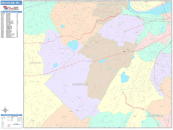 Brookline Massachusetts Wall Map Color Cast Style By Marketmaps ...