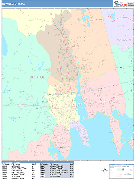 New Bedford Massachusetts Wall Map (Color Cast Style) by MarketMAPS