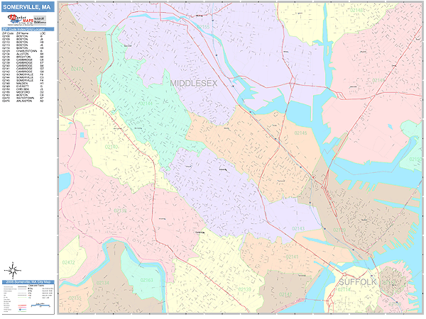 Somerville Massachusetts Wall Map Color Cast Style By Marketmaps 6768