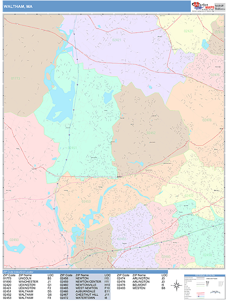 Waltham Massachusetts Wall Map (Color Cast Style) by MarketMAPS