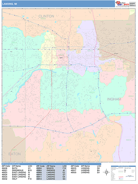 Lansing Michigan Wall Map (Color Cast Style) by MarketMAPS