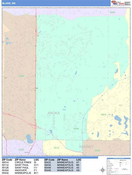 Blaine Minnesota Wall Map (Color Cast Style) by MarketMAPS