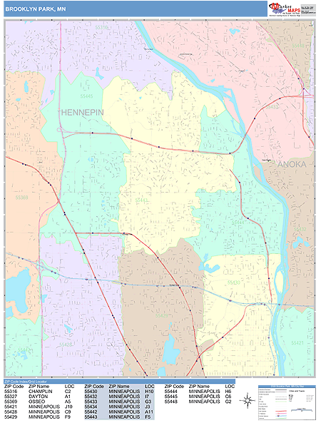 Brooklyn Park Minnesota Wall Map (Color Cast Style) by MarketMAPS