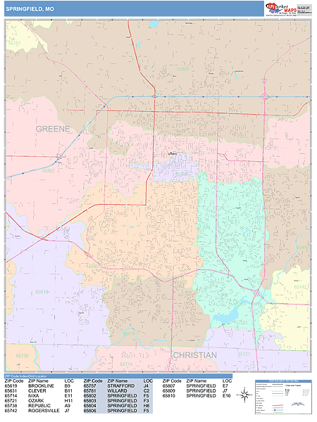 Springfield Missouri Wall Map (Color Cast Style) by MarketMAPS