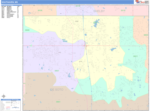 Southaven Mississippi Wall Map (Color Cast Style) by MarketMAPS