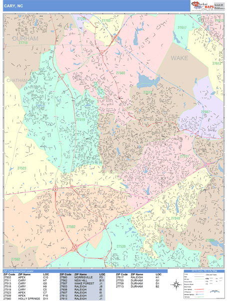 Cary North Carolina Wall Map (Color Cast Style) by MarketMAPS