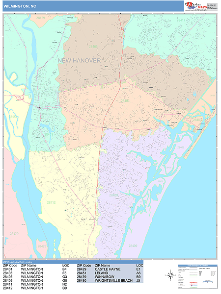 Wilmington North Carolina Wall Map (Color Cast Style) by MarketMAPS