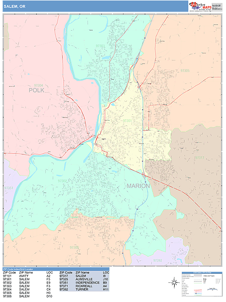 Salem Oregon Wall Map (Color Cast Style) by MarketMAPS