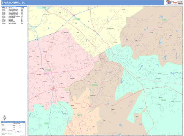 Spartanburg South Carolina Wall Map (Color Cast Style) by MarketMAPS