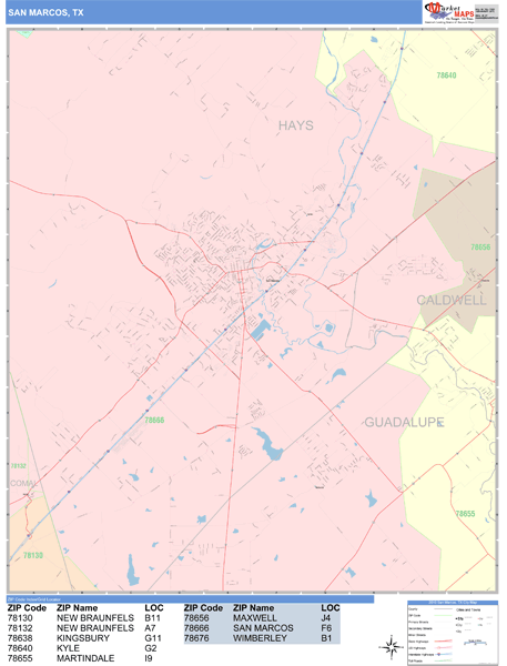 San Marcos Texas Wall Map (Color Cast Style) by MarketMAPS