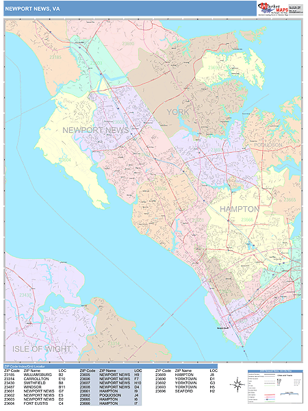 Newport News Virginia Wall Map (Color Cast Style) by MarketMAPS