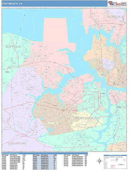 Portsmouth Virginia Wall Map (Color Cast Style) by MarketMAPS