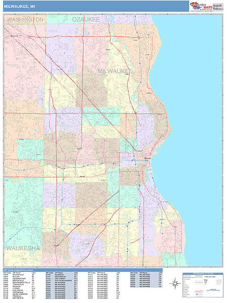 Milwaukee Wisconsin Wall Map (Color Cast Style) by MarketMAPS